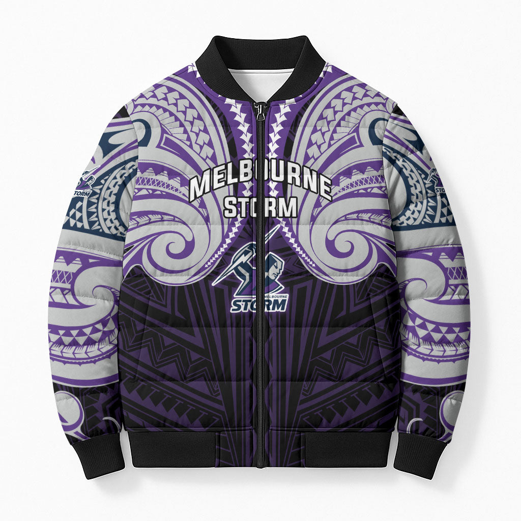 Custom Melbourne Storm Bomber Puffer Jacket Lightning Warrior Polynesia Islander Rugby Mascot