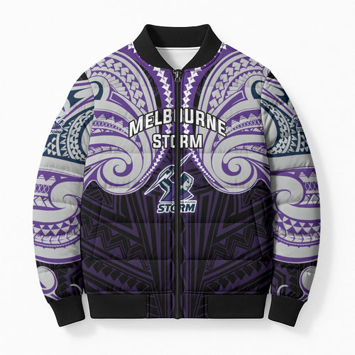 Custom Melbourne Storm Bomber Puffer Jacket Lightning Warrior Polynesia Islander Rugby Mascot