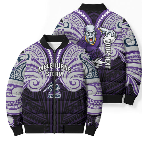 Custom Melbourne Storm Bomber Puffer Jacket Lightning Warrior Polynesia Islander Rugby Mascot
