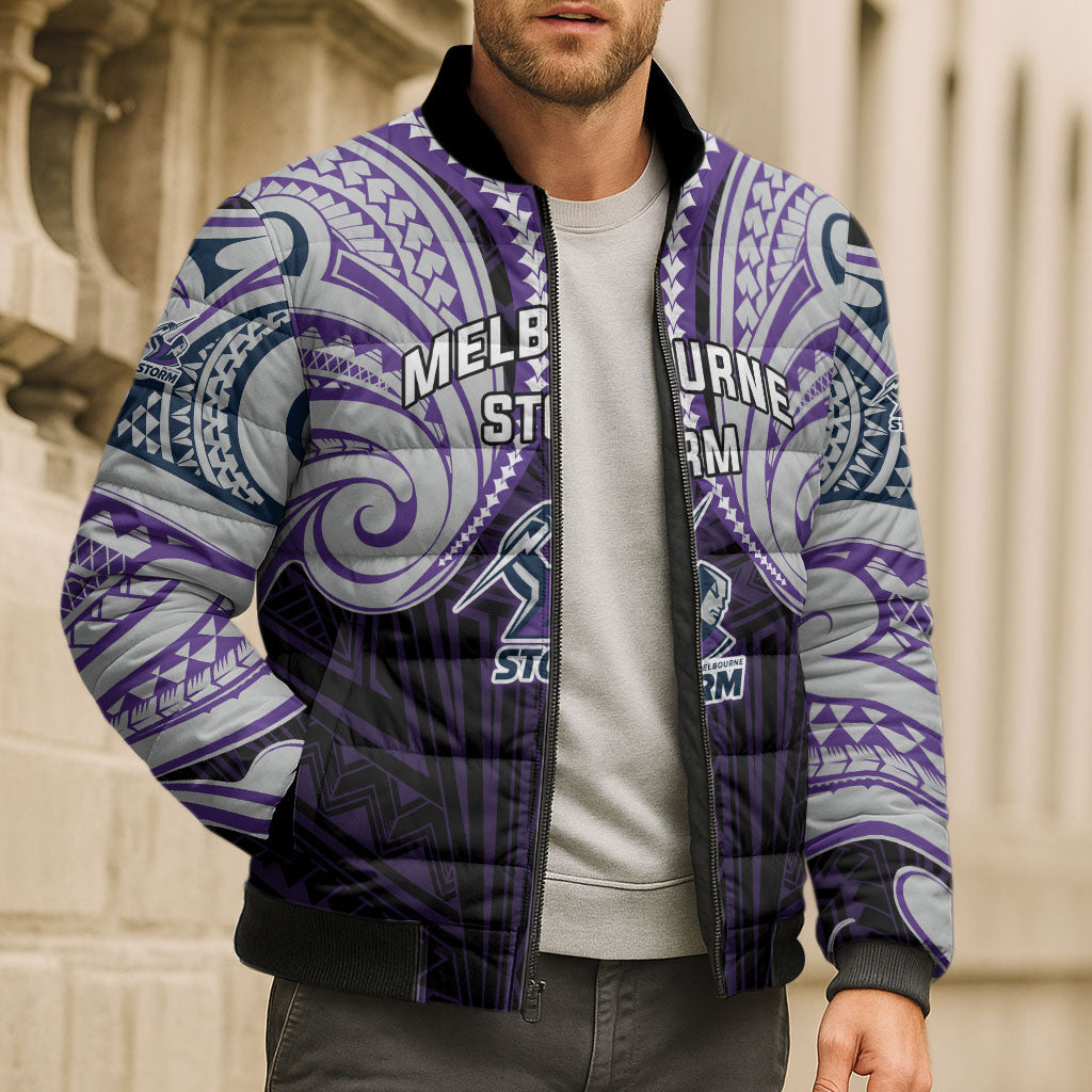 Custom Melbourne Storm Bomber Puffer Jacket Lightning Warrior Polynesia Islander Rugby Mascot