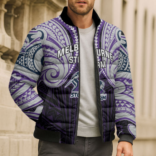 Custom Melbourne Storm Bomber Puffer Jacket Lightning Warrior Polynesia Islander Rugby Mascot