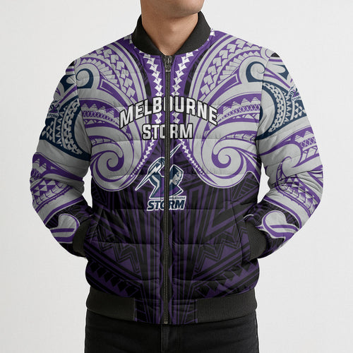 Custom Melbourne Storm Bomber Puffer Jacket Lightning Warrior Polynesia Islander Rugby Mascot