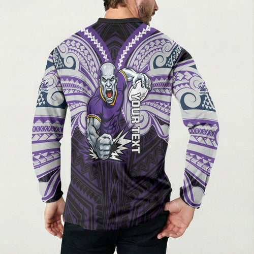 Custom Melbourne Storm Button Sweatshirt Lightning Warrior Polynesia Islander Rugby Mascot