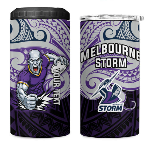 Custom Melbourne Storm 4 in 1 Can Cooler Tumbler Lightning Warrior Polynesia Islander Rugby Mascot