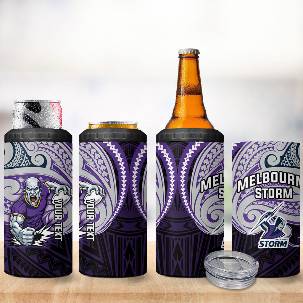 Custom Melbourne Storm 4 in 1 Can Cooler Tumbler Lightning Warrior Polynesia Islander Rugby Mascot