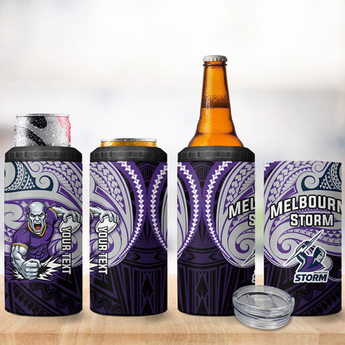 Custom Melbourne Storm 4 in 1 Can Cooler Tumbler Lightning Warrior Polynesia Islander Rugby Mascot