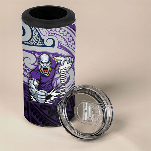 Custom Melbourne Storm 4 in 1 Can Cooler Tumbler Lightning Warrior Polynesia Islander Rugby Mascot