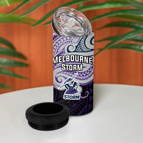 Custom Melbourne Storm 4 in 1 Can Cooler Tumbler Lightning Warrior Polynesia Islander Rugby Mascot