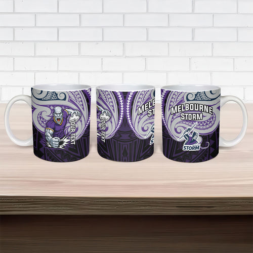 Custom Melbourne Storm Ceramic Mug Lightning Warrior Polynesia Islander Rugby Mascot