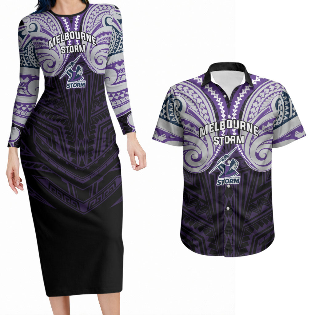Custom Melbourne Storm Couples Matching Long Sleeve Bodycon Dress and Hawaiian Shirt Lightning Warrior Polynesia Islander Rugby Mascot