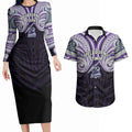 Custom Melbourne Storm Couples Matching Long Sleeve Bodycon Dress and Hawaiian Shirt Lightning Warrior Polynesia Islander Rugby Mascot