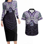 Custom Melbourne Storm Couples Matching Long Sleeve Bodycon Dress and Hawaiian Shirt Lightning Warrior Polynesia Islander Rugby Mascot