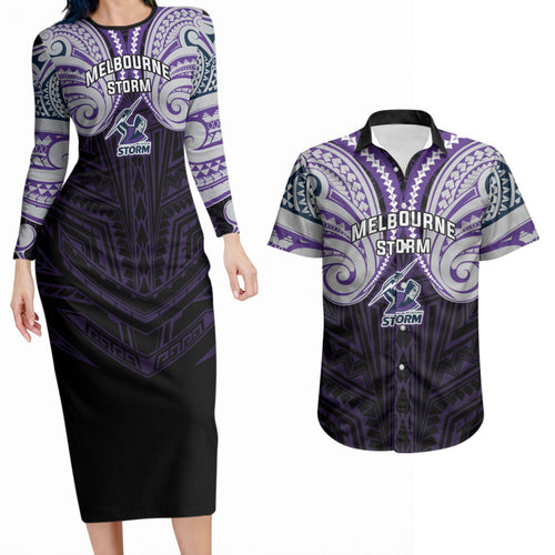 Custom Melbourne Storm Couples Matching Long Sleeve Bodycon Dress and Hawaiian Shirt Lightning Warrior Polynesia Islander Rugby Mascot
