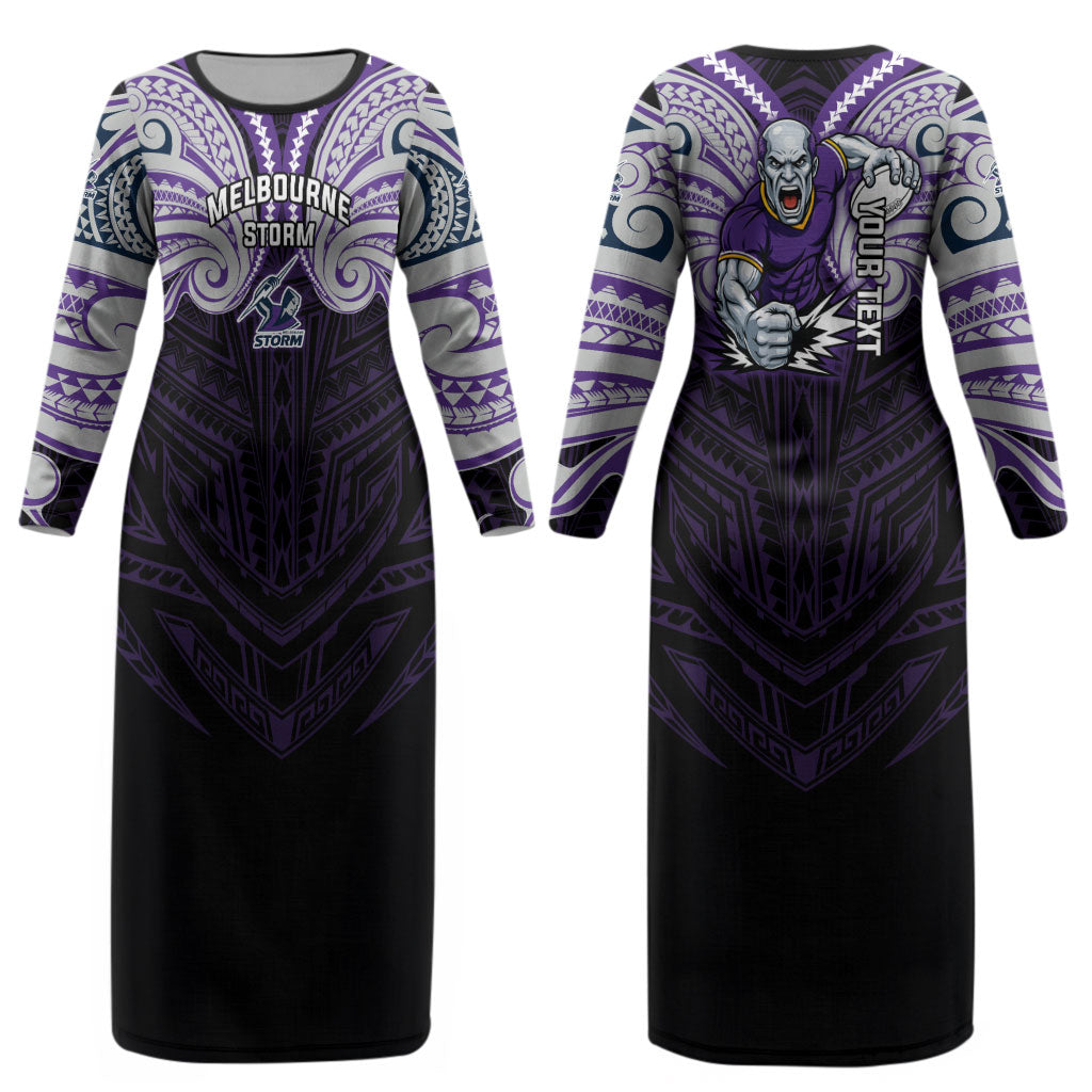 Custom Melbourne Storm Couples Matching Long Sleeve Bodycon Dress and Hawaiian Shirt Lightning Warrior Polynesia Islander Rugby Mascot