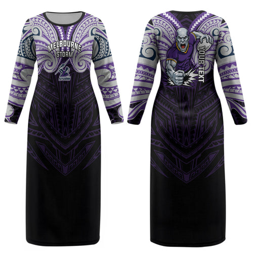 Custom Melbourne Storm Couples Matching Long Sleeve Bodycon Dress and Hawaiian Shirt Lightning Warrior Polynesia Islander Rugby Mascot