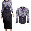 Custom Melbourne Storm Couples Matching Long Sleeve Bodycon Dress and Long Sleeve Button Shirt Lightning Warrior Polynesia Islander Rugby Mascot