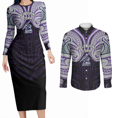 Custom Melbourne Storm Couples Matching Long Sleeve Bodycon Dress and Long Sleeve Button Shirt Lightning Warrior Polynesia Islander Rugby Mascot