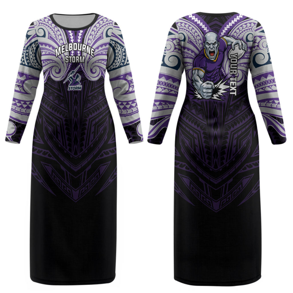 Custom Melbourne Storm Couples Matching Long Sleeve Bodycon Dress and Long Sleeve Button Shirt Lightning Warrior Polynesia Islander Rugby Mascot