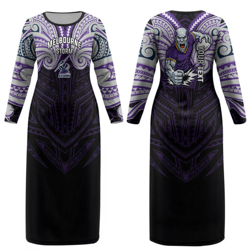 Custom Melbourne Storm Couples Matching Long Sleeve Bodycon Dress and Long Sleeve Button Shirt Lightning Warrior Polynesia Islander Rugby Mascot