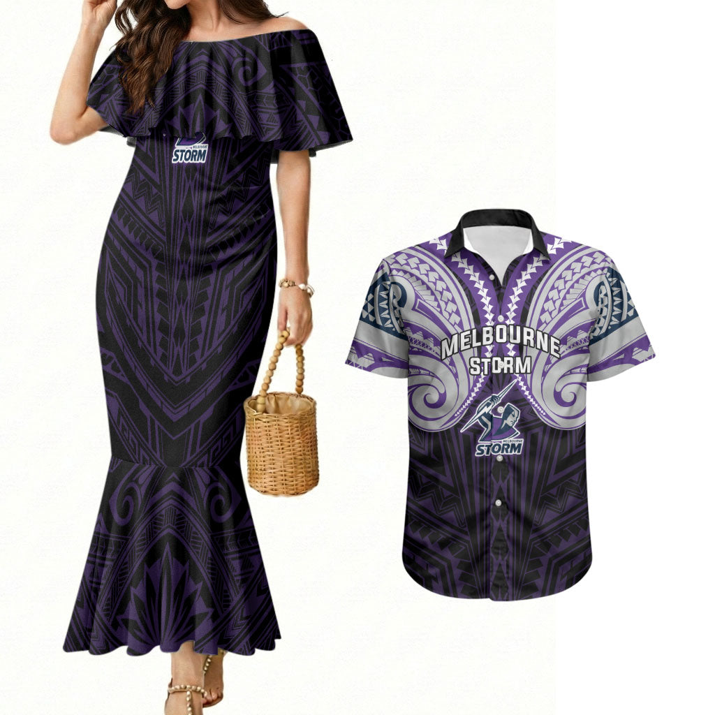 Custom Melbourne Storm Couples Matching Mermaid Dress and Hawaiian Shirt Lightning Warrior Polynesia Islander Rugby Mascot
