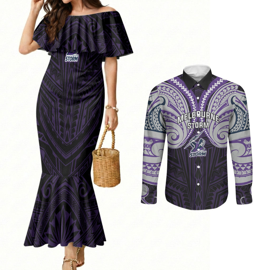 Custom Melbourne Storm Couples Matching Mermaid Dress and Long Sleeve Button Shirt Lightning Warrior Polynesia Islander Rugby Mascot
