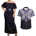 Custom Melbourne Storm Couples Matching Off Shoulder Maxi Dress and Hawaiian Shirt Lightning Warrior Polynesia Islander Rugby Mascot