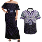 Custom Melbourne Storm Couples Matching Off Shoulder Maxi Dress and Hawaiian Shirt Lightning Warrior Polynesia Islander Rugby Mascot