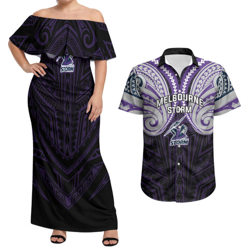 Custom Melbourne Storm Couples Matching Off Shoulder Maxi Dress and Hawaiian Shirt Lightning Warrior Polynesia Islander Rugby Mascot