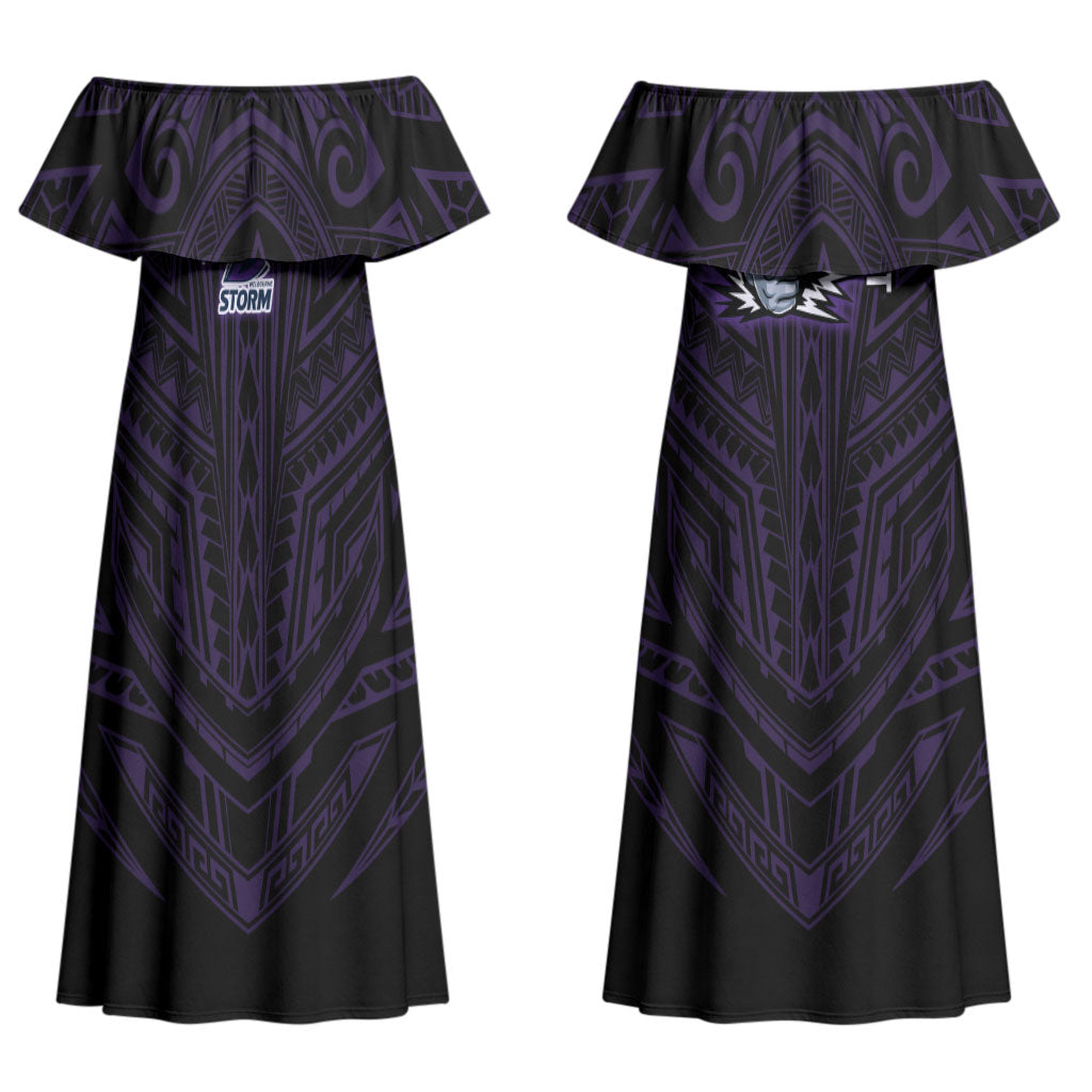 Custom Melbourne Storm Couples Matching Off Shoulder Maxi Dress and Hawaiian Shirt Lightning Warrior Polynesia Islander Rugby Mascot