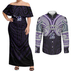 Custom Melbourne Storm Couples Matching Off Shoulder Maxi Dress and Long Sleeve Button Shirt Lightning Warrior Polynesia Islander Rugby Mascot