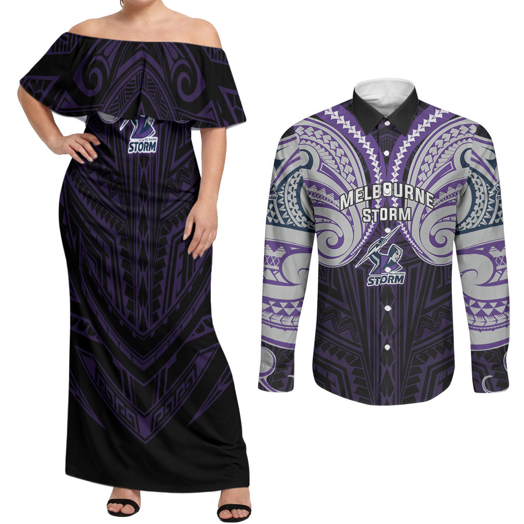 Custom Melbourne Storm Couples Matching Off Shoulder Maxi Dress and Long Sleeve Button Shirt Lightning Warrior Polynesia Islander Rugby Mascot