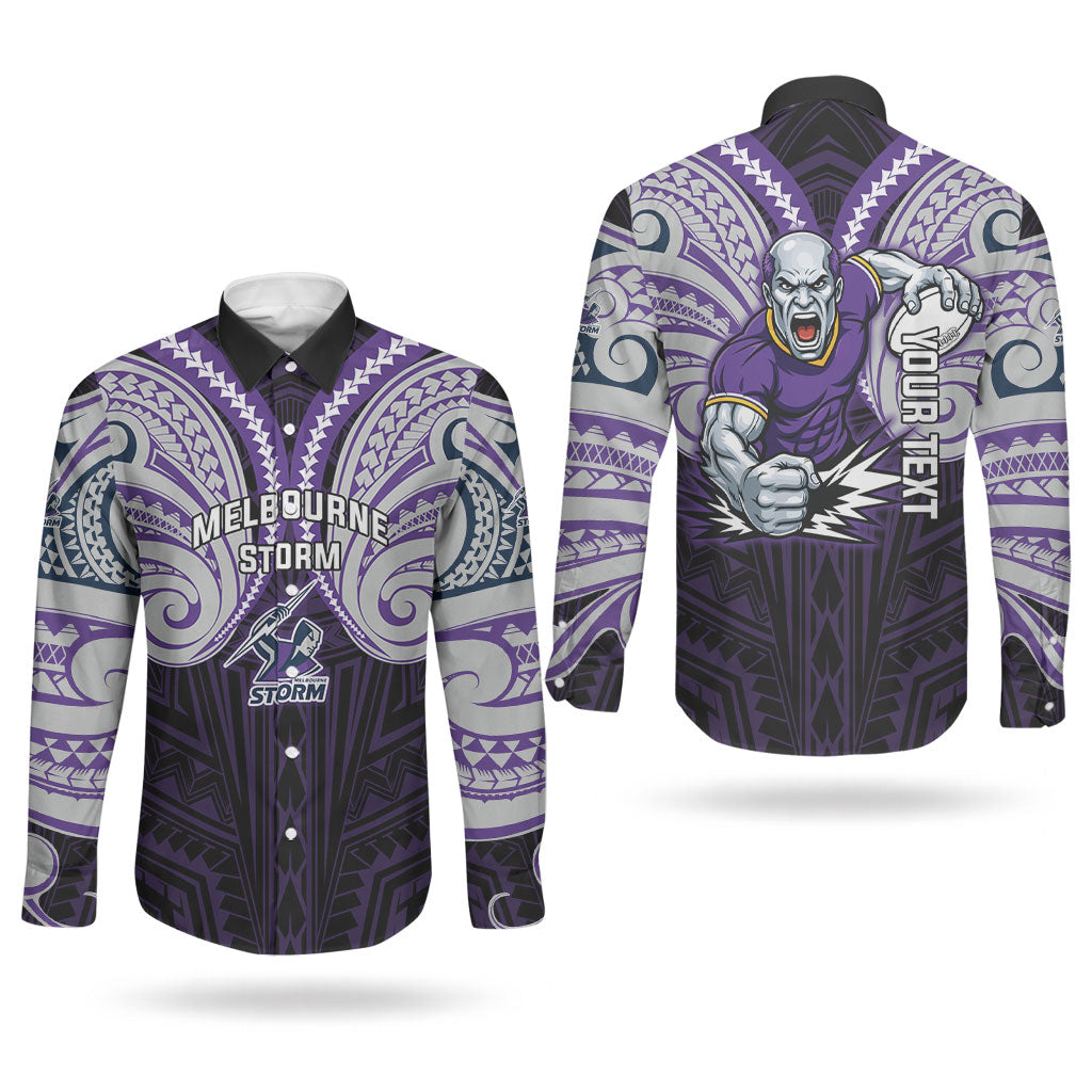 Custom Melbourne Storm Couples Matching Off Shoulder Maxi Dress and Long Sleeve Button Shirt Lightning Warrior Polynesia Islander Rugby Mascot