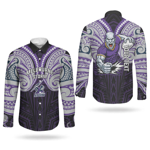 Custom Melbourne Storm Couples Matching Off Shoulder Maxi Dress and Long Sleeve Button Shirt Lightning Warrior Polynesia Islander Rugby Mascot