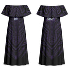 Custom Melbourne Storm Couples Matching Off Shoulder Maxi Dress and Long Sleeve Button Shirt Lightning Warrior Polynesia Islander Rugby Mascot