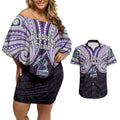 Custom Melbourne Storm Couples Matching Off Shoulder Short Dress and Hawaiian Shirt Lightning Warrior Polynesia Islander Rugby Mascot