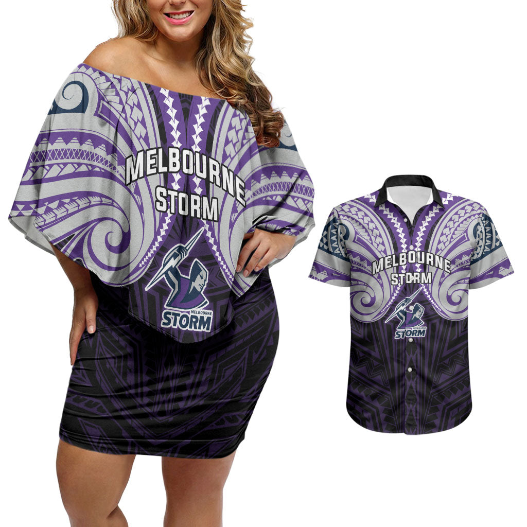 Custom Melbourne Storm Couples Matching Off Shoulder Short Dress and Hawaiian Shirt Lightning Warrior Polynesia Islander Rugby Mascot