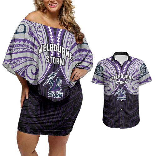 Custom Melbourne Storm Couples Matching Off Shoulder Short Dress and Hawaiian Shirt Lightning Warrior Polynesia Islander Rugby Mascot