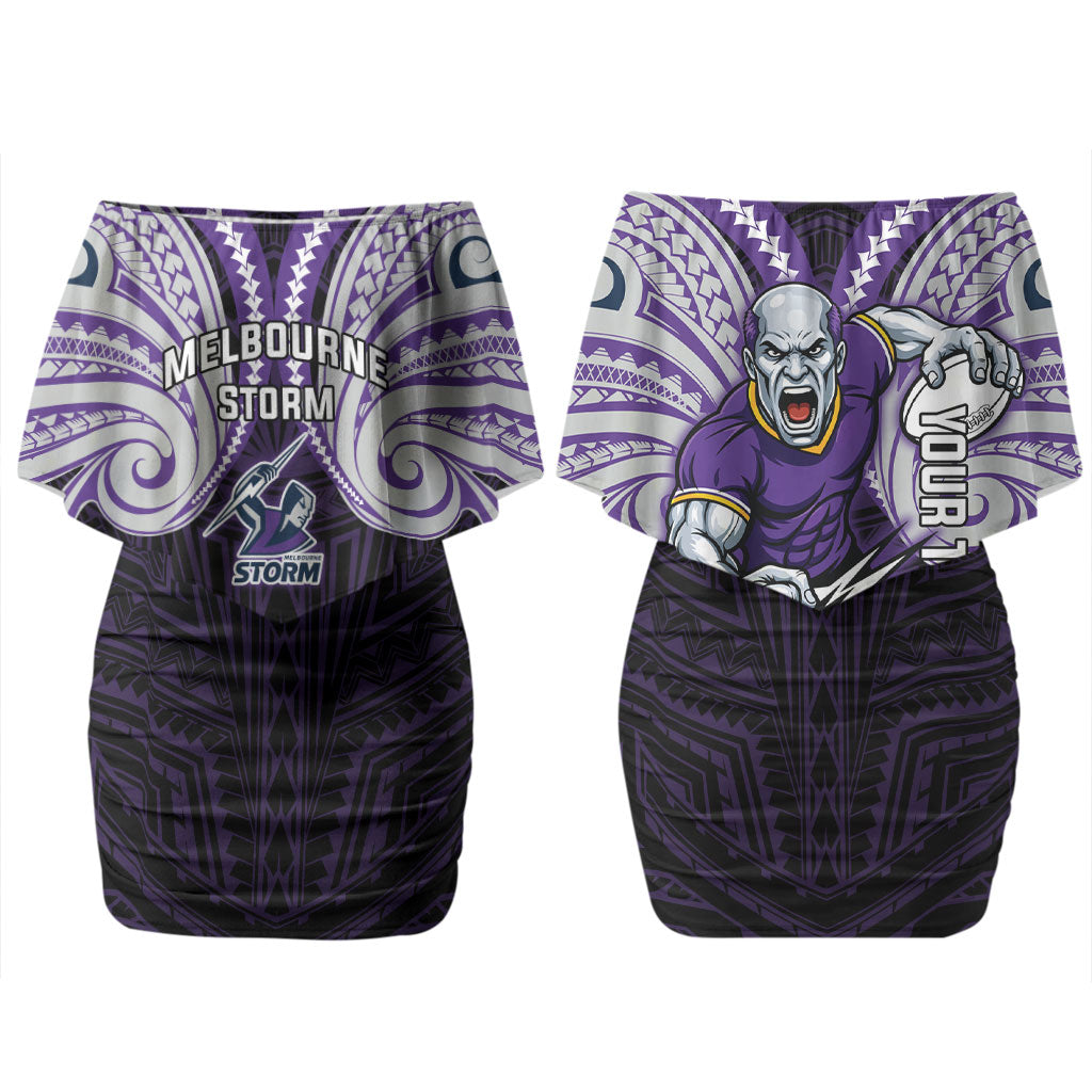 Custom Melbourne Storm Couples Matching Off Shoulder Short Dress and Hawaiian Shirt Lightning Warrior Polynesia Islander Rugby Mascot