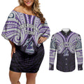 Custom Melbourne Storm Couples Matching Off Shoulder Short Dress and Long Sleeve Button Shirt Lightning Warrior Polynesia Islander Rugby Mascot