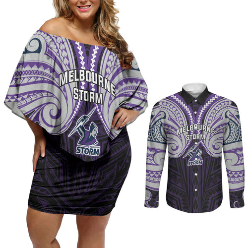 Custom Melbourne Storm Couples Matching Off Shoulder Short Dress and Long Sleeve Button Shirt Lightning Warrior Polynesia Islander Rugby Mascot