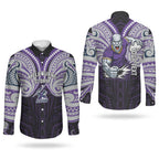 Custom Melbourne Storm Couples Matching Off Shoulder Short Dress and Long Sleeve Button Shirt Lightning Warrior Polynesia Islander Rugby Mascot