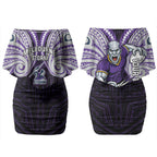 Custom Melbourne Storm Couples Matching Off Shoulder Short Dress and Long Sleeve Button Shirt Lightning Warrior Polynesia Islander Rugby Mascot