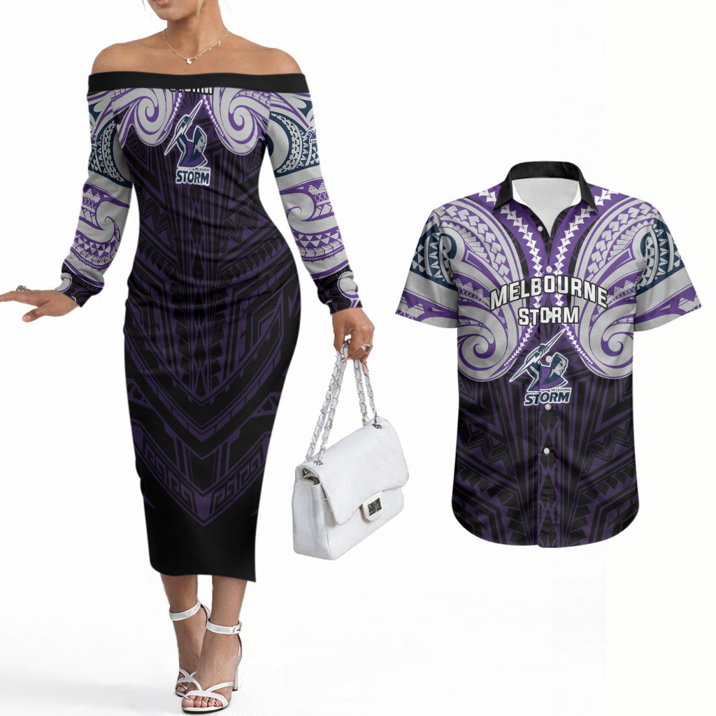 Custom Melbourne Storm Couples Matching Off The Shoulder Long Sleeve Dress and Hawaiian Shirt Lightning Warrior Polynesia Islander Rugby Mascot