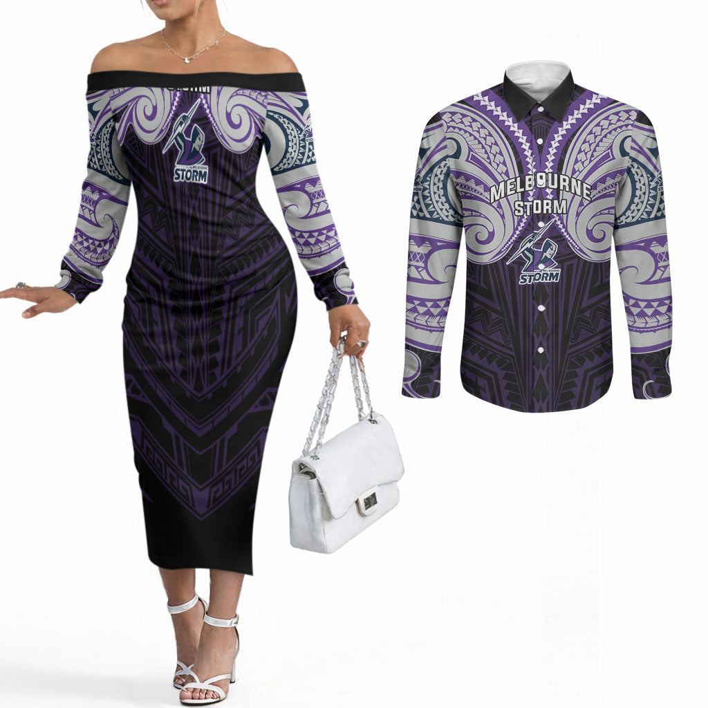 Custom Melbourne Storm Couples Matching Off The Shoulder Long Sleeve Dress and Long Sleeve Button Shirt Lightning Warrior Polynesia Islander Rugby Mascot