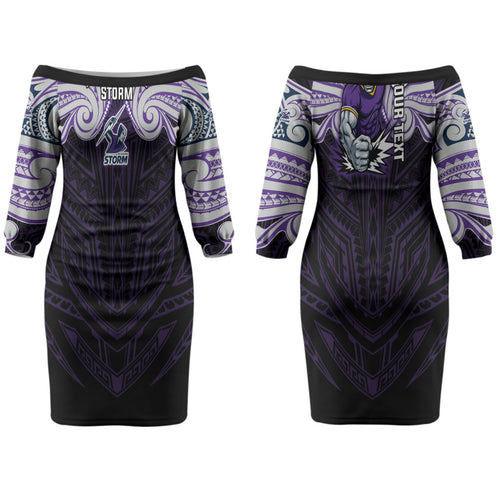 Custom Melbourne Storm Couples Matching Off The Shoulder Long Sleeve Dress and Long Sleeve Button Shirt Lightning Warrior Polynesia Islander Rugby Mascot