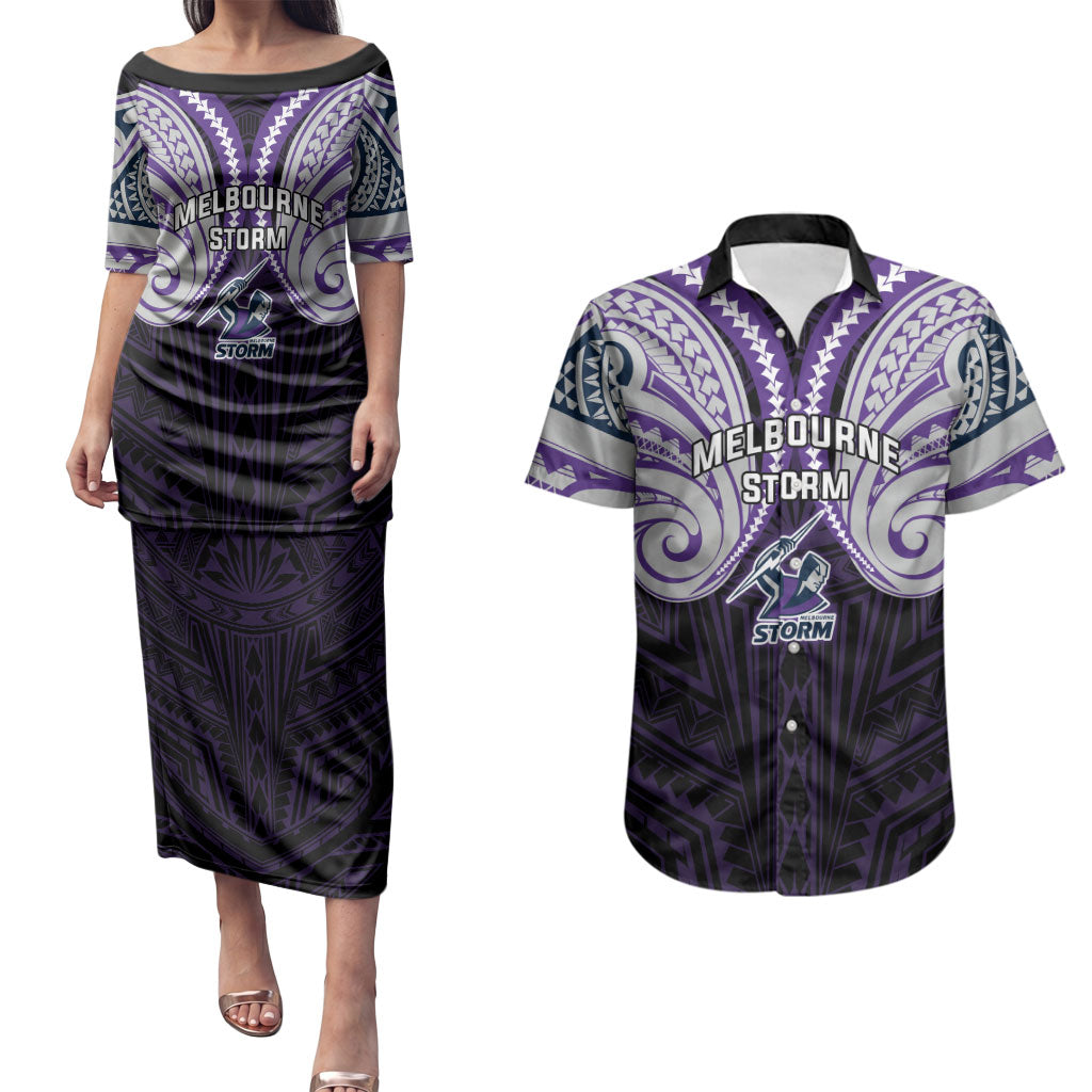 Custom Melbourne Storm Couples Matching Puletasi and Hawaiian Shirt Lightning Warrior Polynesia Islander Rugby Mascot
