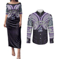 Custom Melbourne Storm Couples Matching Puletasi and Long Sleeve Button Shirt Lightning Warrior Polynesia Islander Rugby Mascot