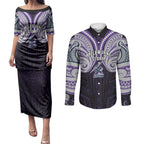 Custom Melbourne Storm Couples Matching Puletasi and Long Sleeve Button Shirt Lightning Warrior Polynesia Islander Rugby Mascot