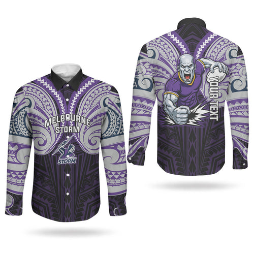 Custom Melbourne Storm Couples Matching Puletasi and Long Sleeve Button Shirt Lightning Warrior Polynesia Islander Rugby Mascot