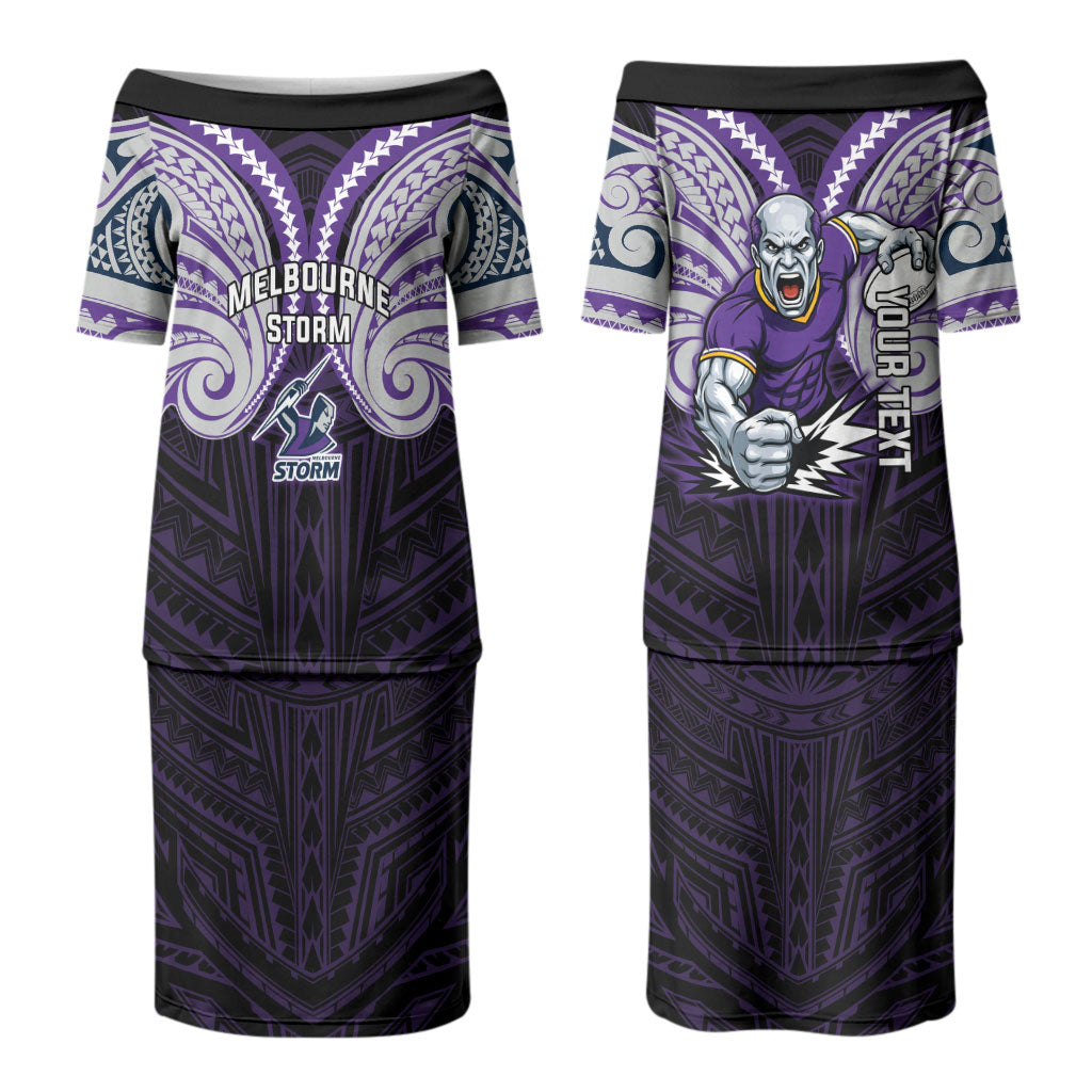 Custom Melbourne Storm Couples Matching Puletasi and Long Sleeve Button Shirt Lightning Warrior Polynesia Islander Rugby Mascot